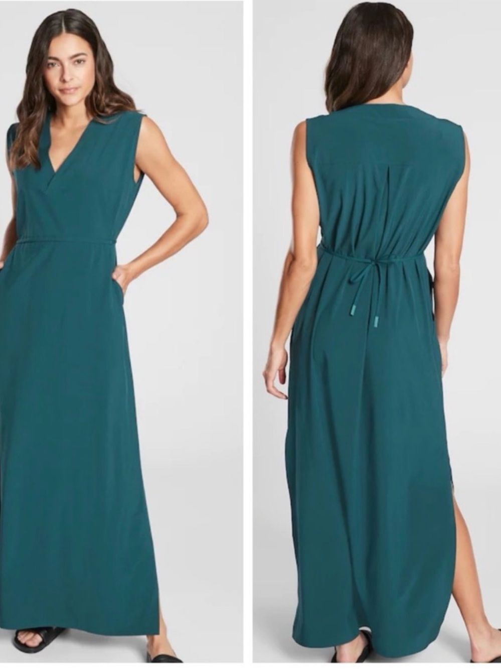 NEW Athleta Teal Sleeveless V-Neck Maxi Dress with Waist Tie